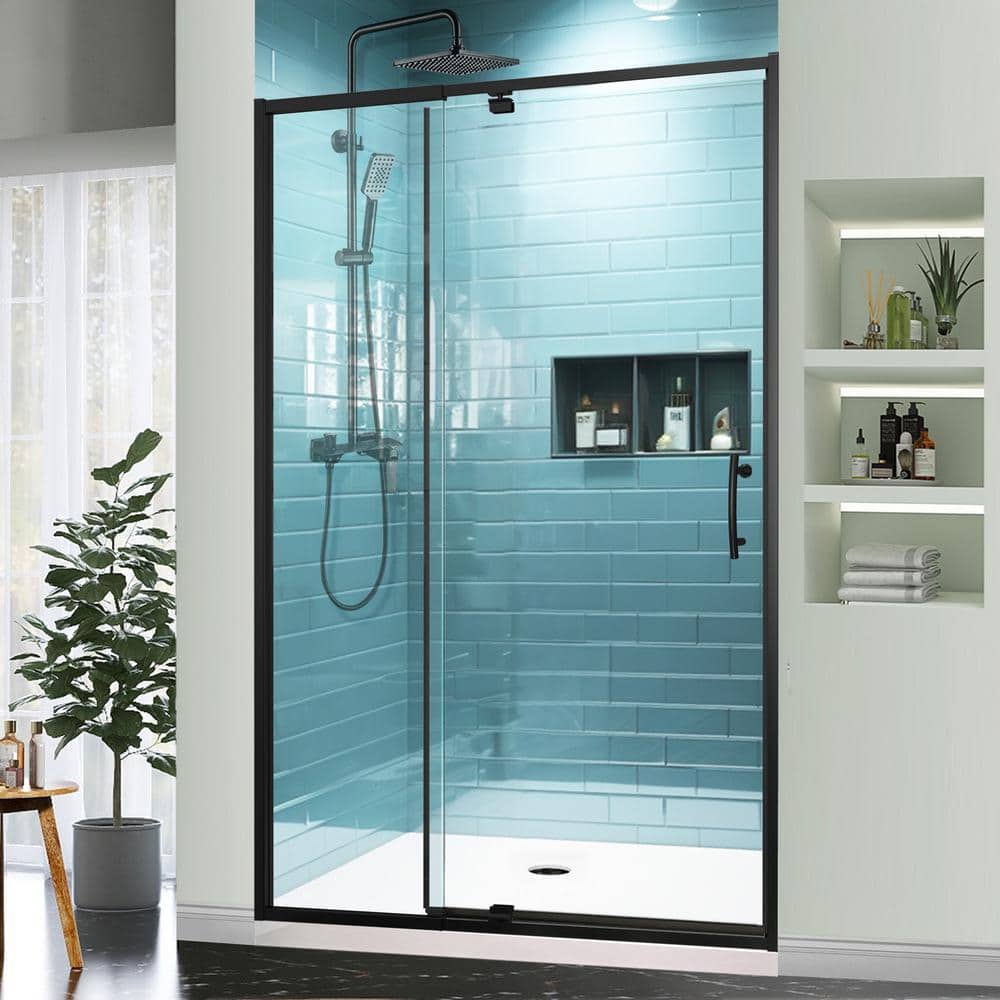 48 in. Matte Black Semi-Frameless Pivot Shower Door with Clear Glass