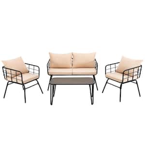 4-Pieces Metal Outdoor Loveseat Sectional Set Armrest Sofa Table Garden with Beige Cushions