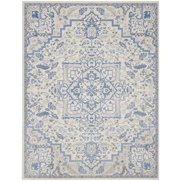 9 ft. x 12 ft. Blue Floral Washable Area Rug