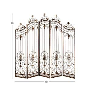 7 ft. Bronze 5 Panel Hinged Foldable Arched Partition Room Divider Screen with Relief Acanthus Design