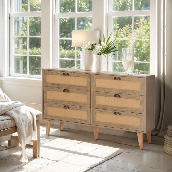 47.2 in.Vintage Woven Rattan 6-Drawer Storage Cabinet Chest of Drawers