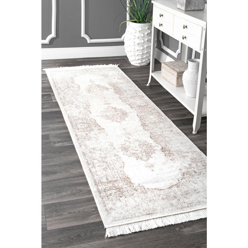 Ivory Medallion Viscose Runner Rug with Fringe, 2' 8" x 8'