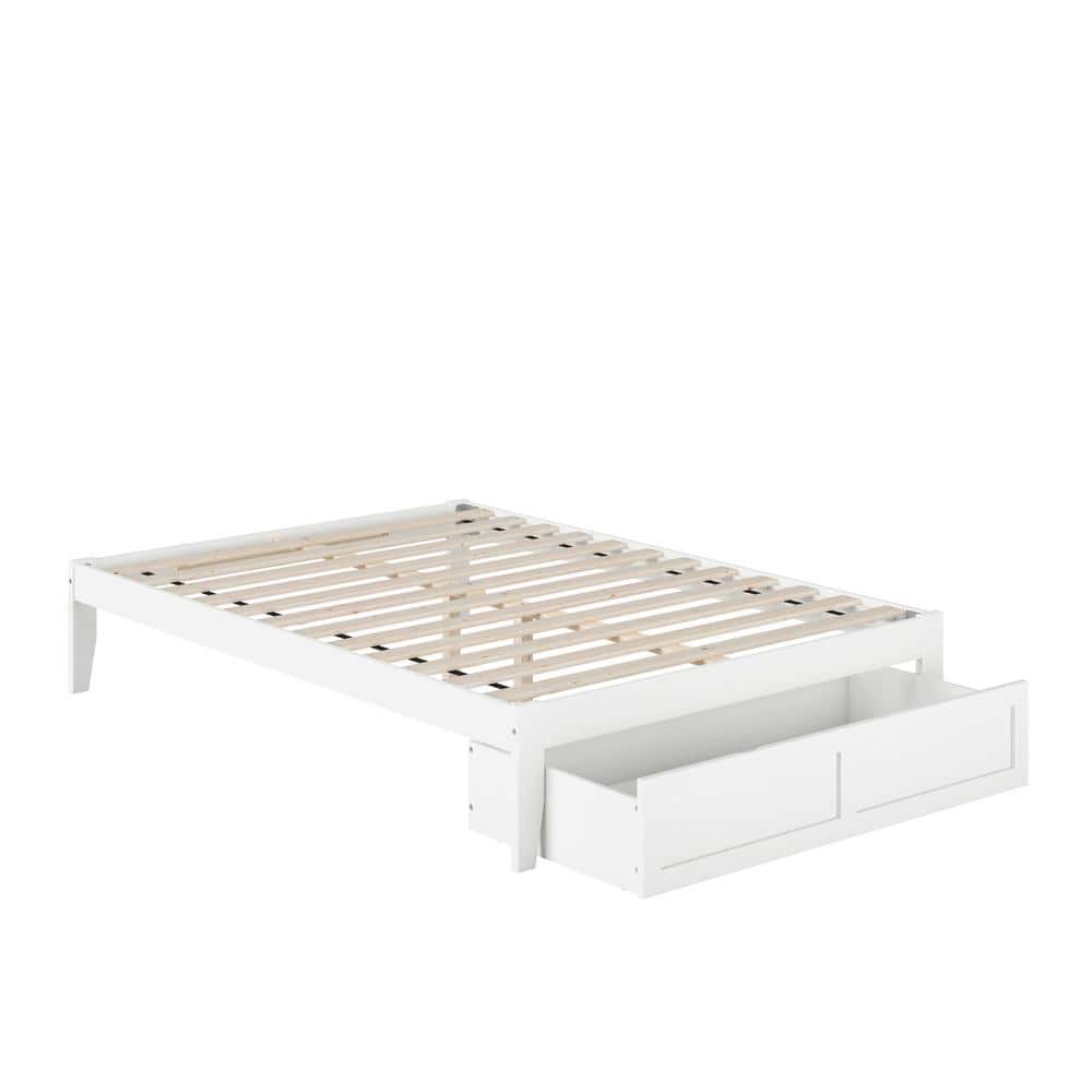 White Full Wood Platform Bed with Storage Drawer and USB Charger