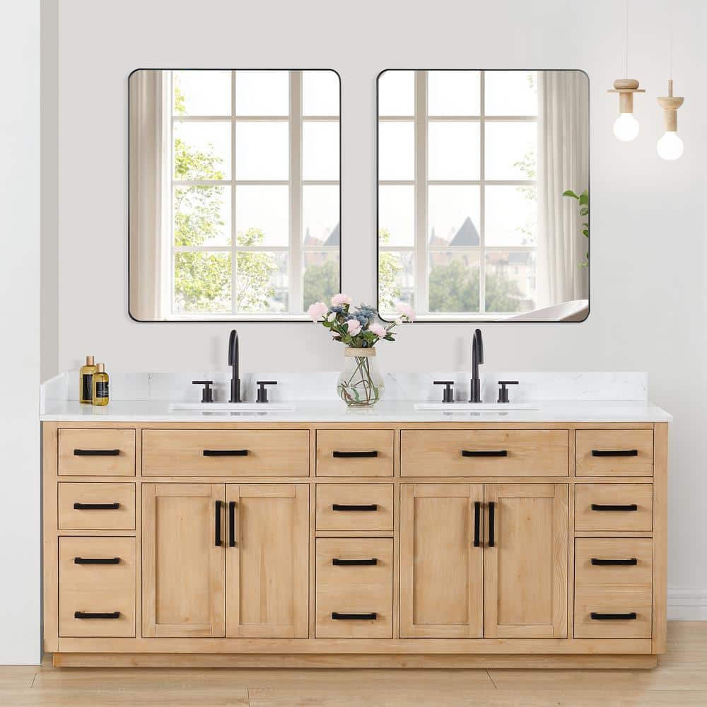 Gavino 84" Light Brown Double Vanity with White Stone Countertop and Mirror