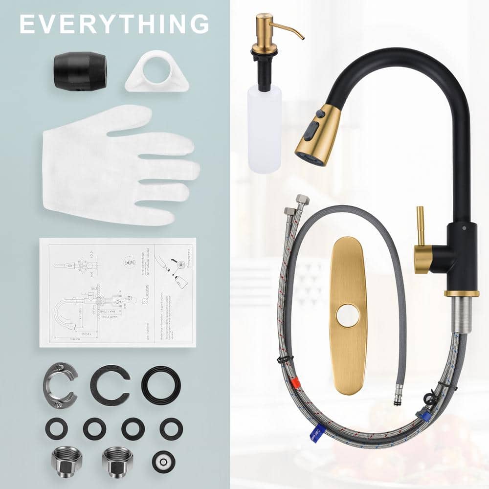 Matte Black and Gold Stainless Steel Pull Down Kitchen Faucet