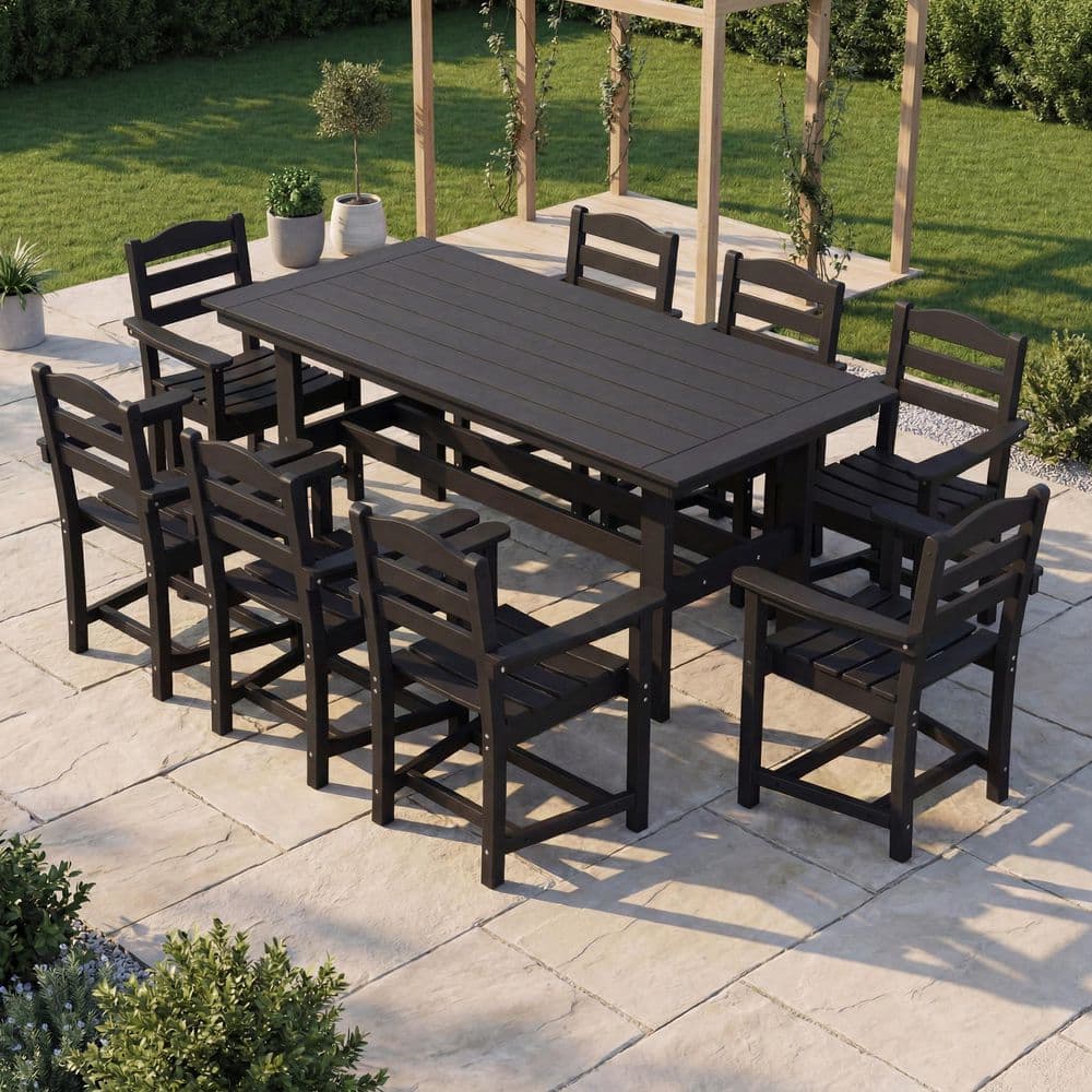Black 9-Piece Durable HDPE Rectangular Patio Outdoor Dining Set with 8 Armchairs & Umbrella Hole Table,All-Weather Frame price history on PriceWatchPro