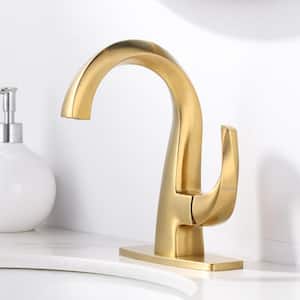 Brass Single Handle Single Hole Bathroom Faucet with Deckplate Included and Drain Kit in Gold