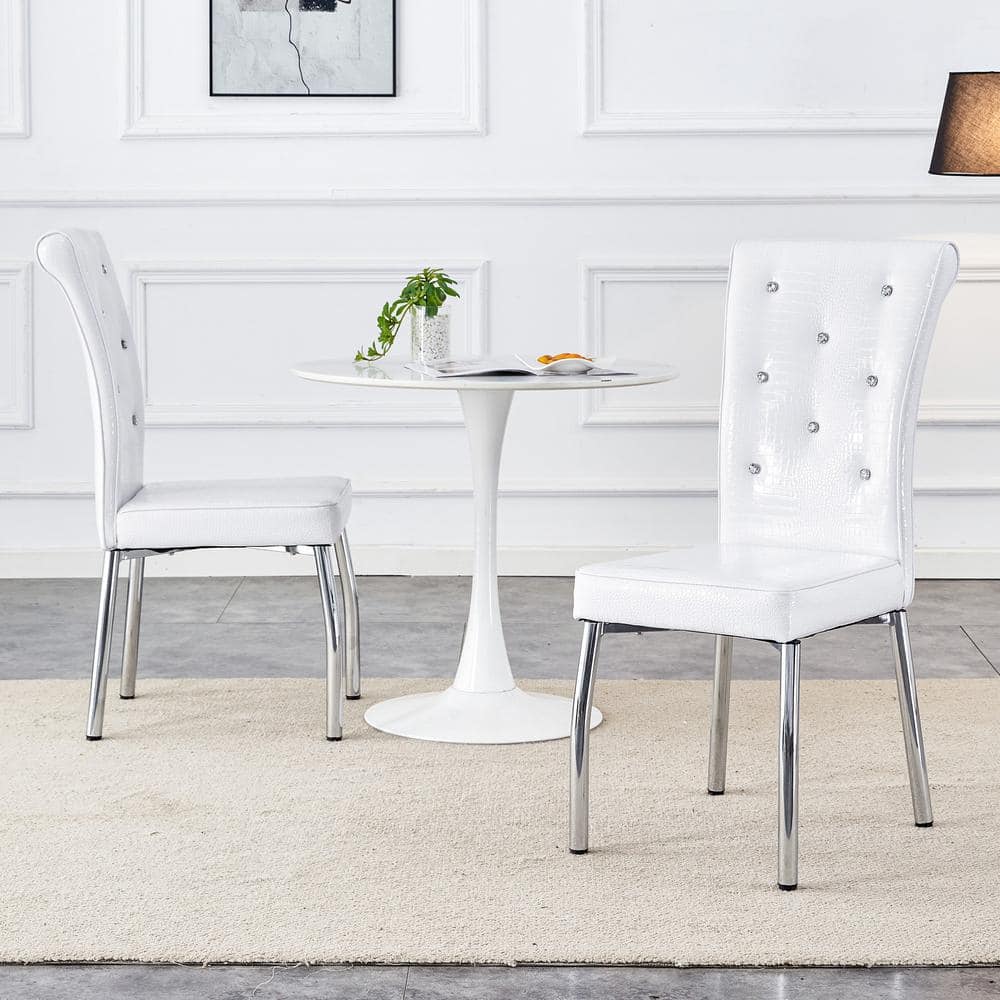 Polibi White Upholstered Faux Leather Dining Chairs with Button Design and Electroplated Metal Legs Set of 2 RS 6703 779 The Home Depot