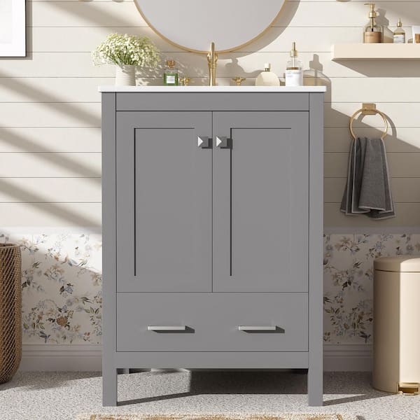24 in. W Modern Freestanding Single Sink Gray Bath Vanity with White Ceramic Top, Door Storage Rack (Unassembled)