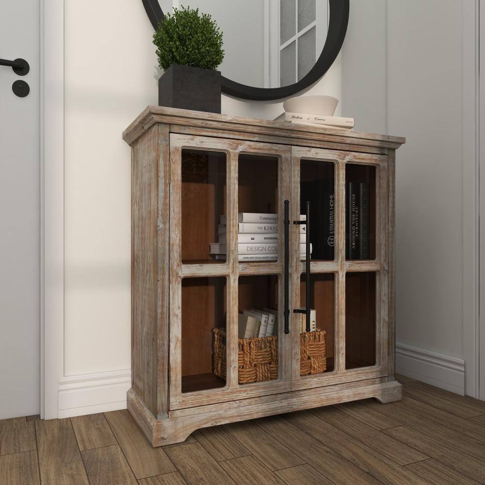 Weathered Brown Wood and Glass Farmhouse Accent Cabinet