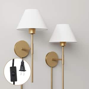 Millie 9 in. W 1-Light Brass Modern Wall Sconce, Wall Mounted Plug-in Bedside Reading Lamp with Cotton Shade, (2-Set)