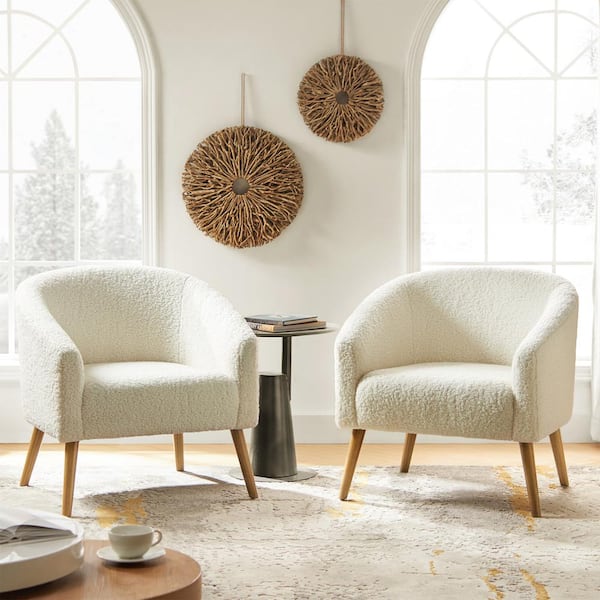 JAYDEN CREATION Rose Modern Ivory 30 in. W Boucle Armchair with Solid Wood Legs Set of 2