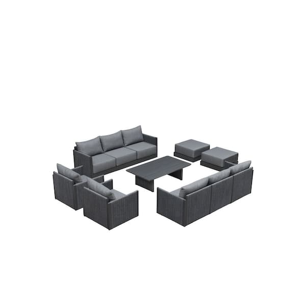 11 Pieces Patio Conversation Sets with Coffee Table All Weather Outdoor Couch Sectional Set with Cushion Gray