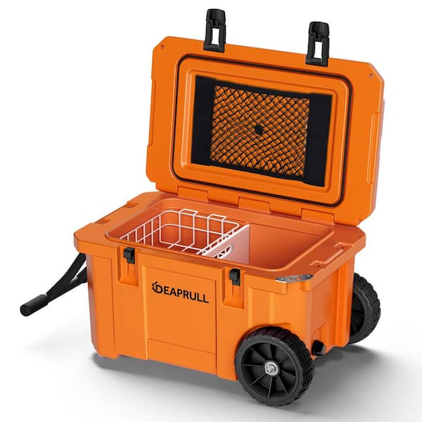 TAZPI 27.5 in. 55 qt. Cooler with Wheels, Warming Drawer, Leak-Proof Outdoor Insulated Cooler with Handle, Cup Holders, Orange