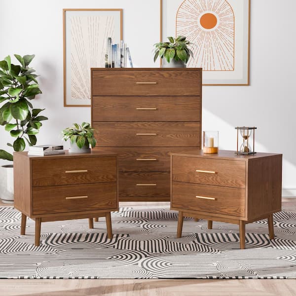 Furniture of America Riverstone 3-Piece Walnut 2-Drawer 23 in. W Set of 2 Nightstands and Chest with Round Tapered Legs