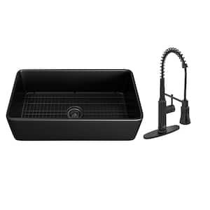 Fireclay 33 in. Single Bowl Farmhouse Apron Kitchen Sink with Pull Down Kitchen Faucet and Accessories