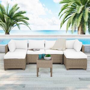Maui 7-Piece Wicker Patio Conversation Set with Linen White Cushions