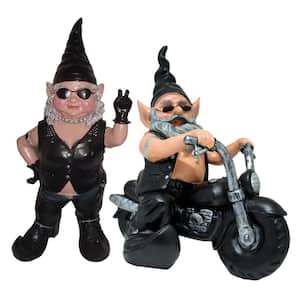 14.5 in. H Peace Sign Babe and Dude Biker Gnome Riding His 12 in. H Black Bike in Leather Motorcycle Gear Garden Statue