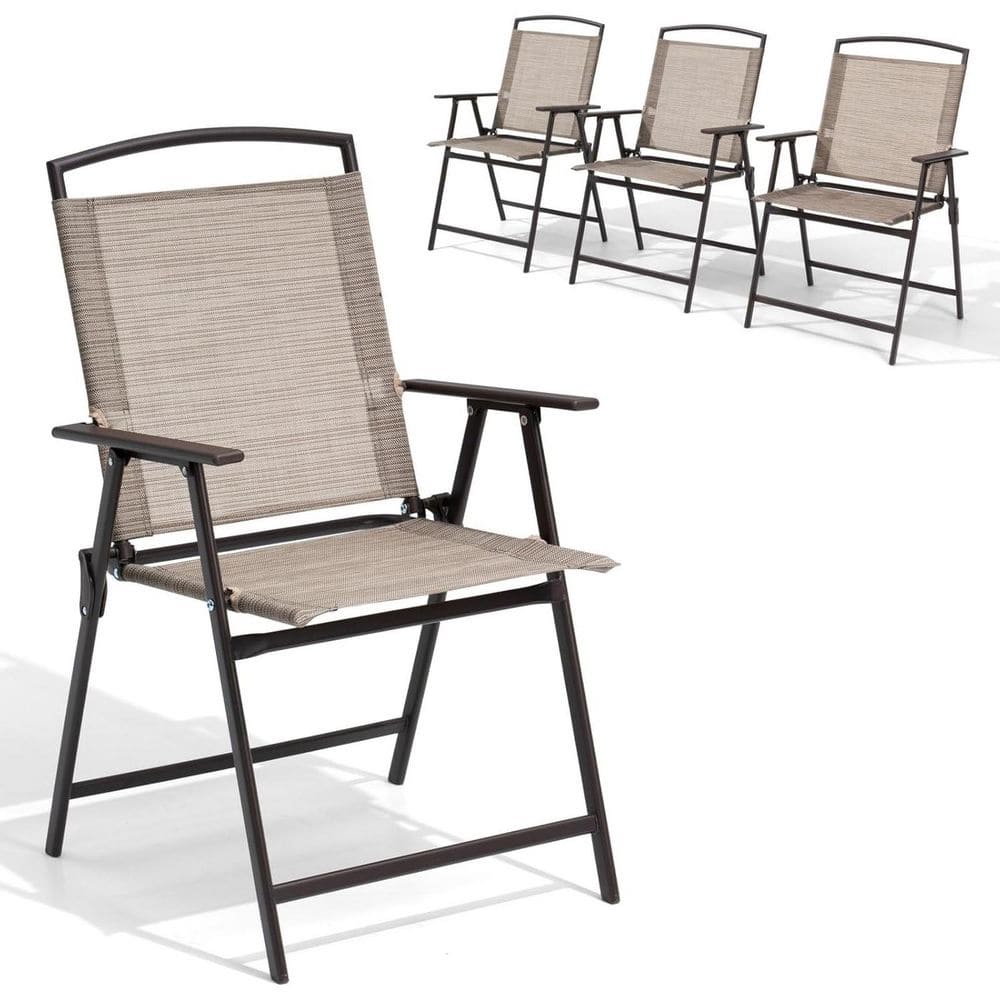 Folding Steel Outdoor Dining Chair in Beige (Set of 4)