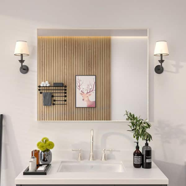 Aura 36 in. W x 30 in. H Rectangular Framed Wall Bathroom Vanity Mirror in Brushed Nickel