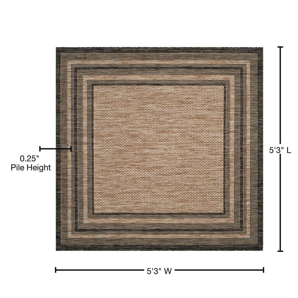 5'3" Square Black and Taupe Synthetic Outdoor Area Rug