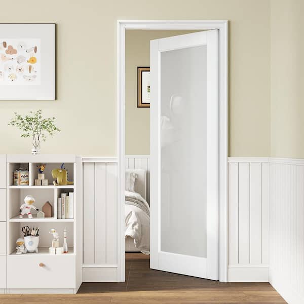 30 in. x 96 in. Solid Core MDF 1-Lite Tempered Frosted Glass and Manufacture Wood White Primed Interior Door Slab