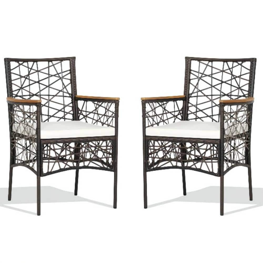 Brown Wicker Outdoor Patio Dining Chair with Armrests and Beige Cushions (2