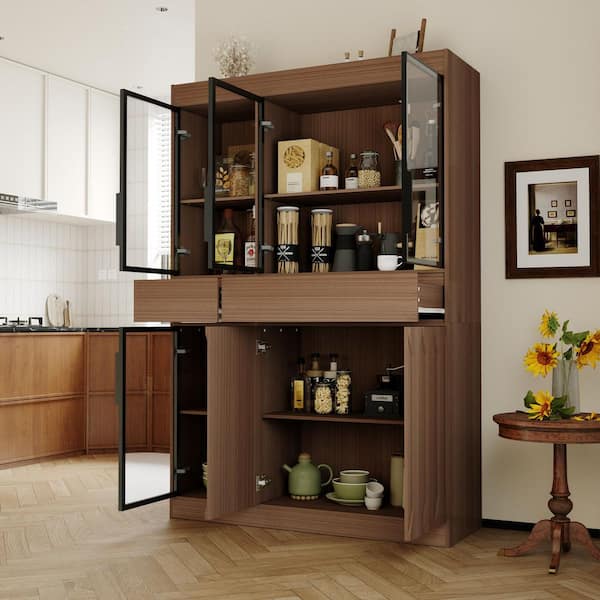 FUFU&GAGA Brown Wood Grain Wooden 47.2 in. W Sideboard, Bookcase, Storage Cabinet with 8-Shelf, Glass Doors and 2 Drawers