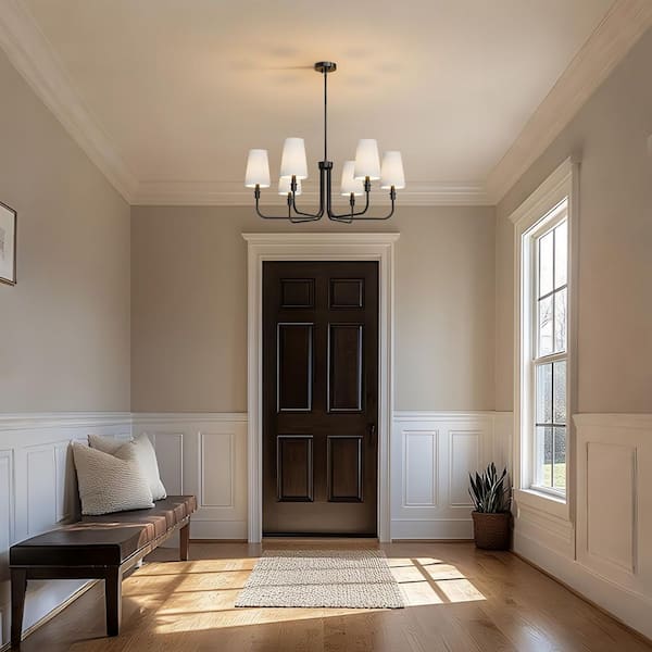 33 in. 6-Light Black Farmhouse Chandelier with White Linen Shades for Dining Room