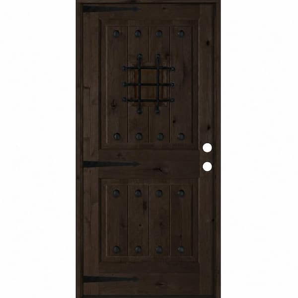 42 in. x 80 in. Med. Knotty Alder Square Top Left-Hand/Inswing BEHR True Black Stain Single Wood Prehung Front Door