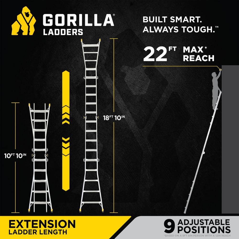 Gorilla Ladders 22 ft. Reach Aluminum Multi-Position Ladder w/ Project Bucket, Tool Hangers, 300 lbs. Load Capacity, Type 1A Duty Rating GMPXA-22B