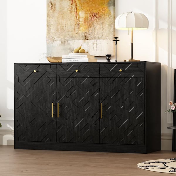 FUFU&GAGA Black 32.3 in. H Accent Storage Cabinet with Geometric Embossed Design, 3 Drawers, Adjustable Shelves and Gold Handles