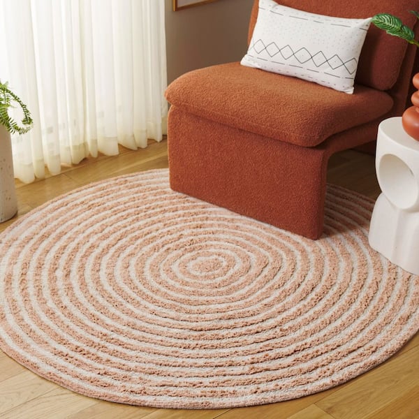 Easy Care 5 ft. x 5 ft. Pink/Ivory Machine Washable High-Low Swirl Solid Round Area Rug