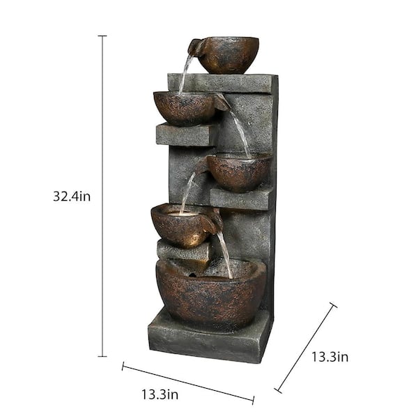 Watnature 32 4 In Resin Fiberglass Garden Fountain 5 Urns Falling Water Indoor Outdoor With Led Lights Gpf210002 Falling Water Indoor Outdoor Fountain, Falling Water Outdoor Fountain