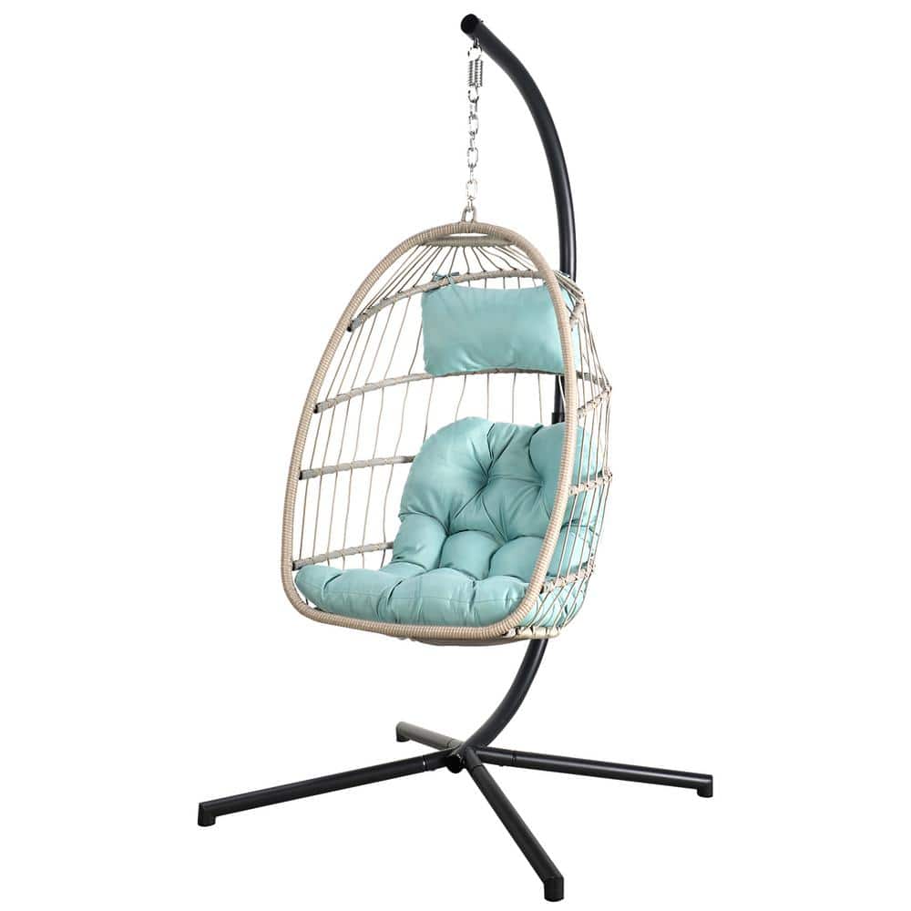 Outdoor Wicker Patio Porch Swing Egg Chair with Stand, Tiffany Blue Cushion