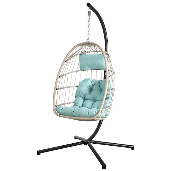 Freestyle Outdoor Wicker Patio Porch Swing Egg Chair with Stand, Tiffany Blue Cushion