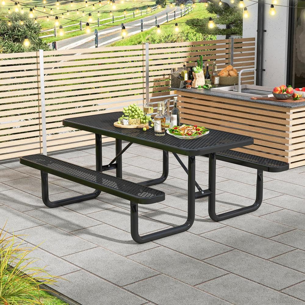 96" Black Steel Weather Resistant Outdoor Picnic Table