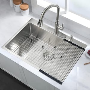 30 in. Drop-In Single Bowl 16-Gauge Brushed Nickel Stainless Steel Kitchen Sink with Bottom Grids