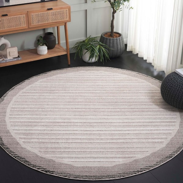 Jade 7 ft. x 7 ft. Ivory/Beige Black Border Striped Modern Round Area Rug