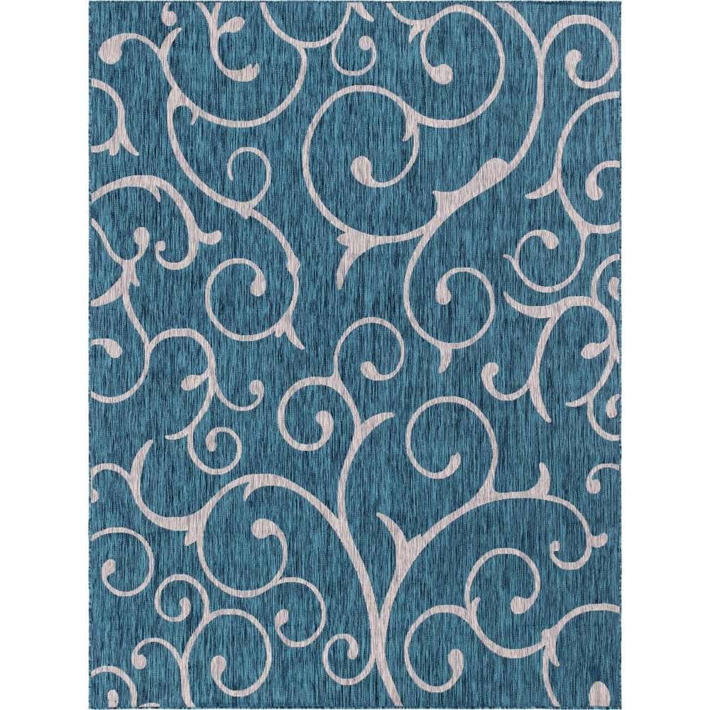Teal Blue Synthetic 9' x 12' Easy-Care Outdoor Area Rug