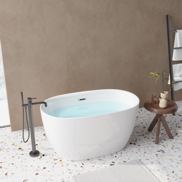Acrylic Flat Bottom Soaking Oval Bathtub with Pop-Up Drain in White 47 in. x 28 in.