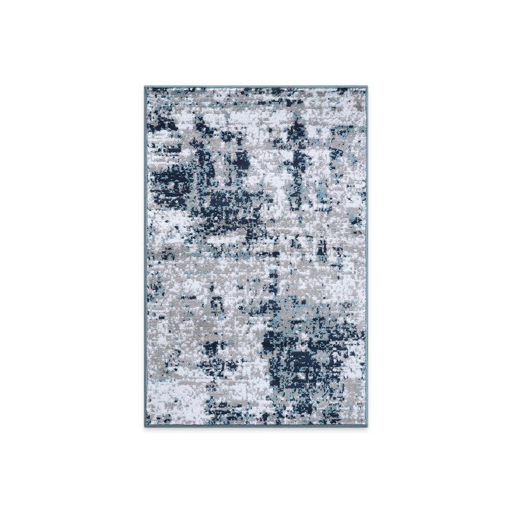 Distressed Blue and Gray Synthetic Abstract Rectangular Rug