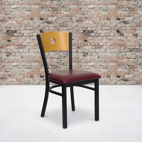 Hercules Series Black Circle Back Metal Restaurant Chair with Natural Wood Back, Burgundy Vinyl Seat