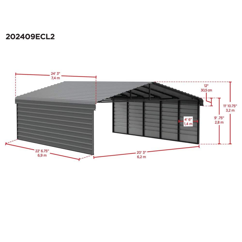 Charcoal Galvanized Steel Carport Kit with 2-Sided Enclosure, 20' x 24' x 9'