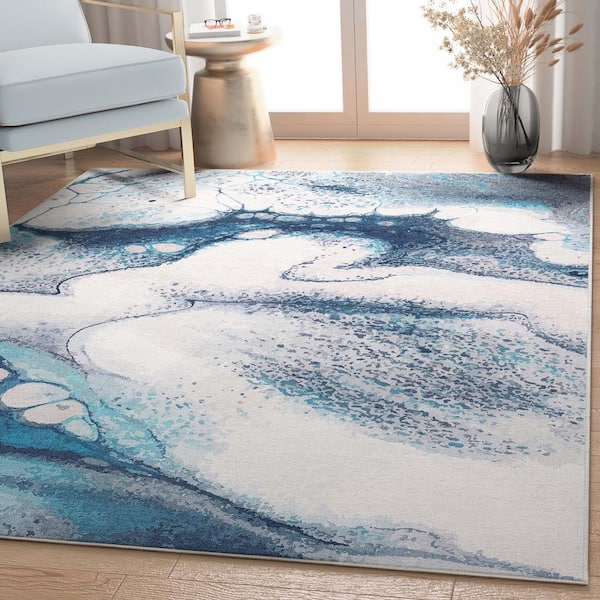 Blue 5 ft. 3 in. x 7 ft. 3 in. Flat-Weave Abstract Tokyo Retro Marble Area Rug