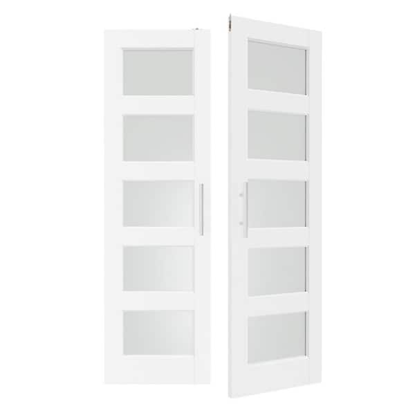 56 in. x 80 in. Solid Wood and MDF, 5 Lite, Frosted Glass, White Primed, Pantry Door, Interior Door Slab with Ball Catch