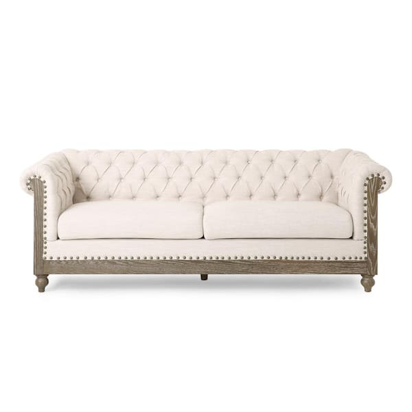 Noble House Glencoe 78.75 in. Width Beige and Dark Brown Polyester 3-Seats Fabric Sofa with Nailhead
