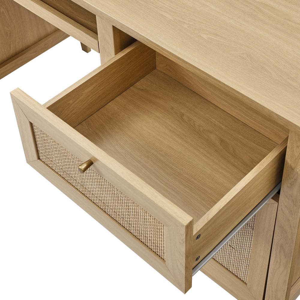 Oak Wood Office Desk with Rattan Weave and Storage