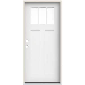 36 in. x 80 in. Right-Hand Craftsman 3 Lite Modern White Painted Fiberglass Prehung Front Door with Brickmould