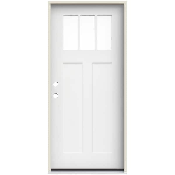 JELD-WEN 36 in. x 80 in. Right-Hand Craftsman 3 Lite Modern White Painted Fiberglass Prehung Front Door with Brickmould